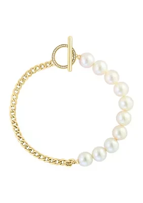 Diamond and Freshwater Pearl Toggle Bracelet in 14K Yellow Gold