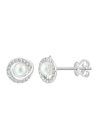 Diamond and Freshwater Pearl Swirl Earrings in 14K White Gold