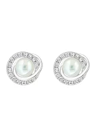 Diamond and Freshwater Pearl Swirl Earrings in 14K White Gold