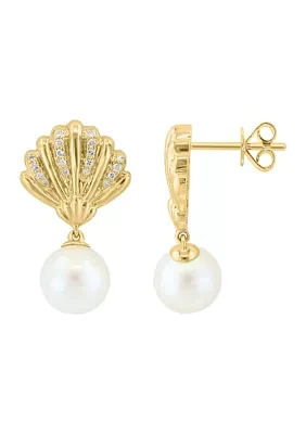 Diamond and Freshwater Pearl Shell Earrings in 14K Yellow Gold