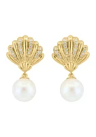 Diamond and Freshwater Pearl Shell Earrings in 14K Yellow Gold