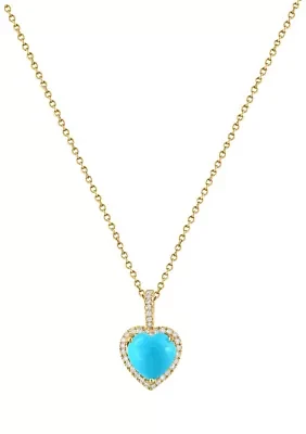 Diamond and Turquoise Heart Pendant Necklace in 14K Yellow Gold