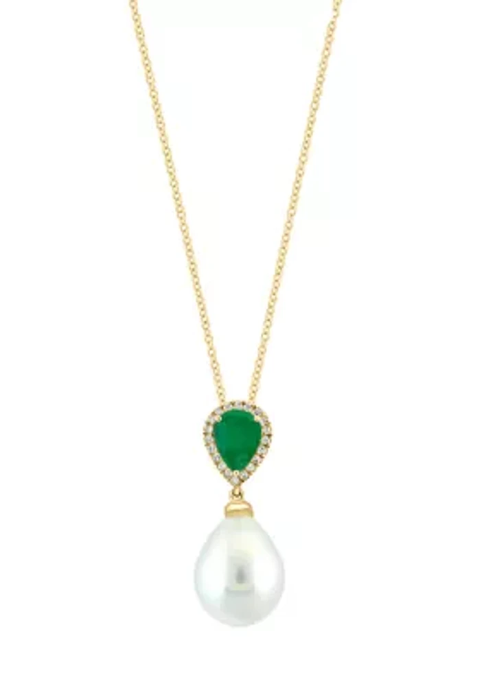 Diamond, Emerald and Freshwater Pearl Pendant Necklace in 14K Yellow Gold