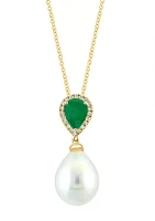 Diamond, Emerald and Freshwater Pearl Pendant Necklace in 14K Yellow Gold