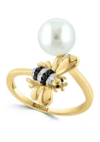 Diamond and Freshwater Pearl Bee Ring in 14K Yellow Gold