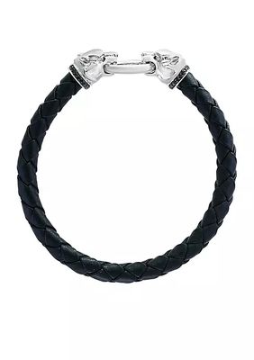 Sterling Silver Leather Double Headed Panther Bracelet