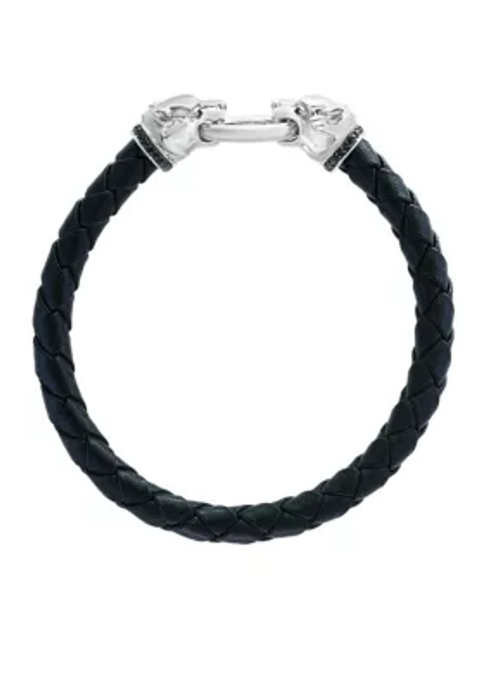 Sterling Silver Leather Double Headed Panther Bracelet