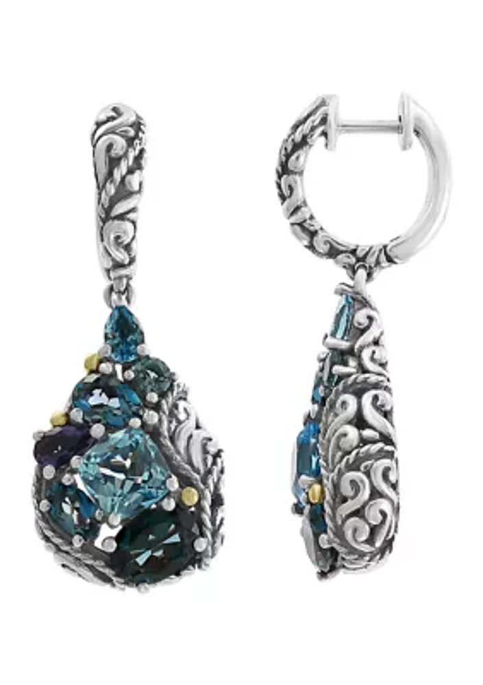 925 Sterling Silver/18K Yellow Gold Blue Topaz, London Blue Topaz, and Iolite Earrings