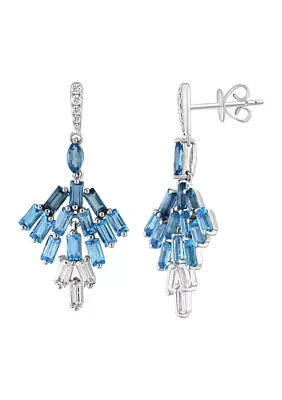 Diamond, Green Amethyst and Blue Topaz Dangle Earrings in 14K White Gold