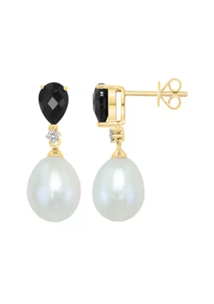 Diamond, Freshwater Pearl and Onyx Earrings in 14K Yellow Gold