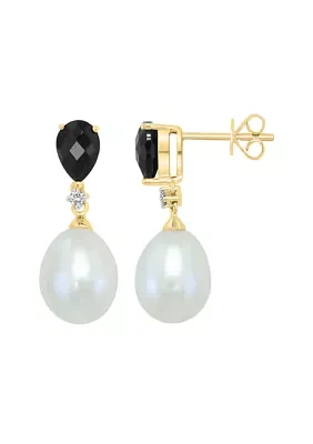 Diamond, Freshwater Pearl and Onyx Earrings in 14K Yellow Gold