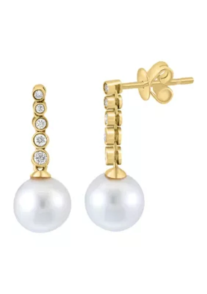 Diamond and Freshwater Pearl Drop Earrings in 14K Yellow Gold