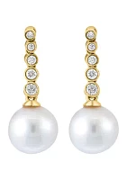 Diamond and Freshwater Pearl Drop Earrings in 14K Yellow Gold