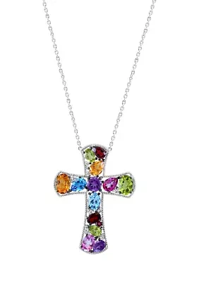 Multicolored Gemstone Cross Necklace in Sterling Silver