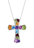 Multicolored Gemstone Cross Necklace in Sterling Silver