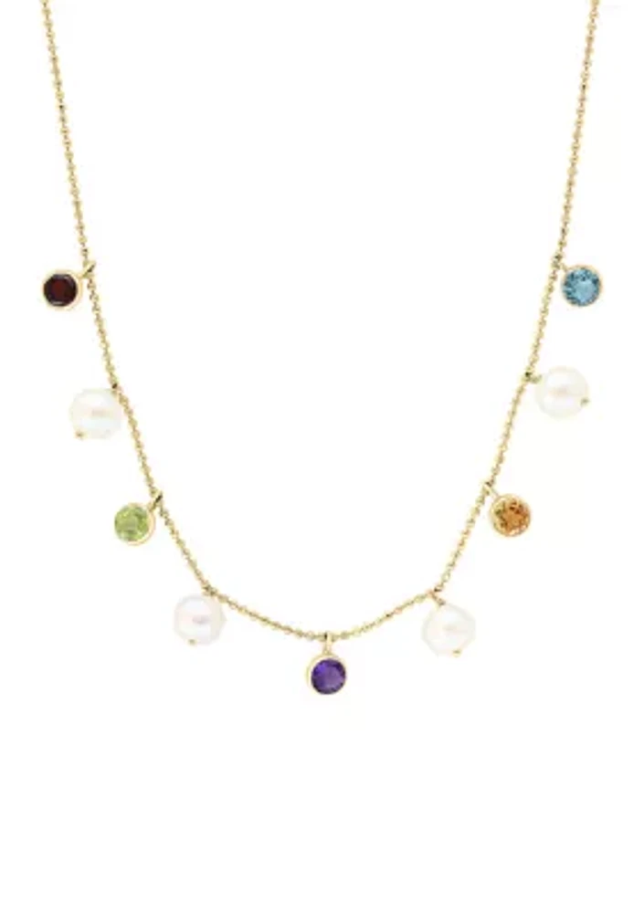 Amethyst, Blue Topaz, Citrine, Garnet Freshwater Pearl and Peridot Necklace in 14K Yellow Gold