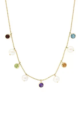 Amethyst, Blue Topaz, Citrine, Garnet Freshwater Pearl and Peridot Necklace in 14K Yellow Gold