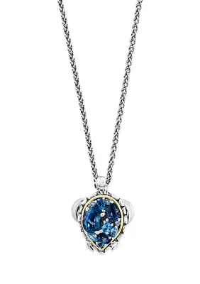 Blue Topaz and London Blue Topaz Turtle Pendant Necklace in Sterling Silver and 14K Yellow Gold