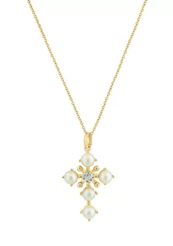 White Topaz and Freshwater Pearl Pendant Necklace in 14K Yellow Gold