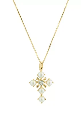 White Topaz and Freshwater Pearl Pendant Necklace in 14K Yellow Gold