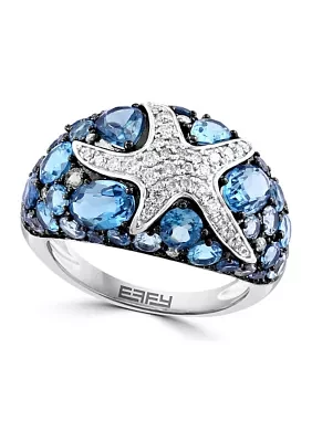 Blue Topaz, London Blue Topaz, Sky Blue Topaz and White Sapphire Starfish Ring in Sterling Silver