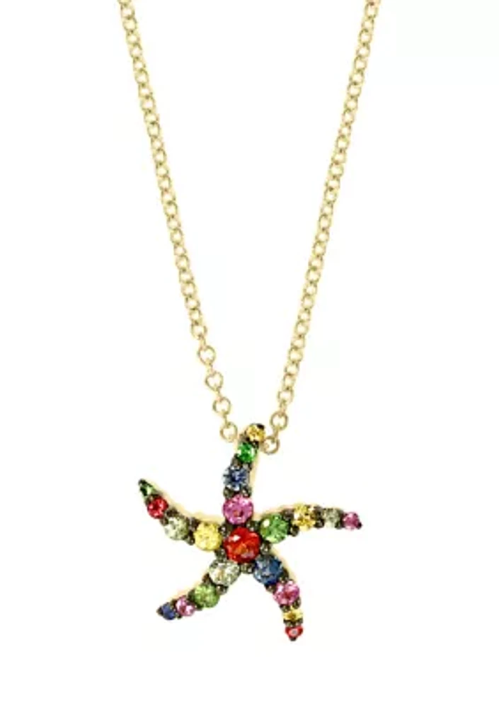 1/10 ct. t.w. Sapphire and 0.06 ct. t.w. Tsavorite Starfish Pendant Necklace in 14K Yellow Gold