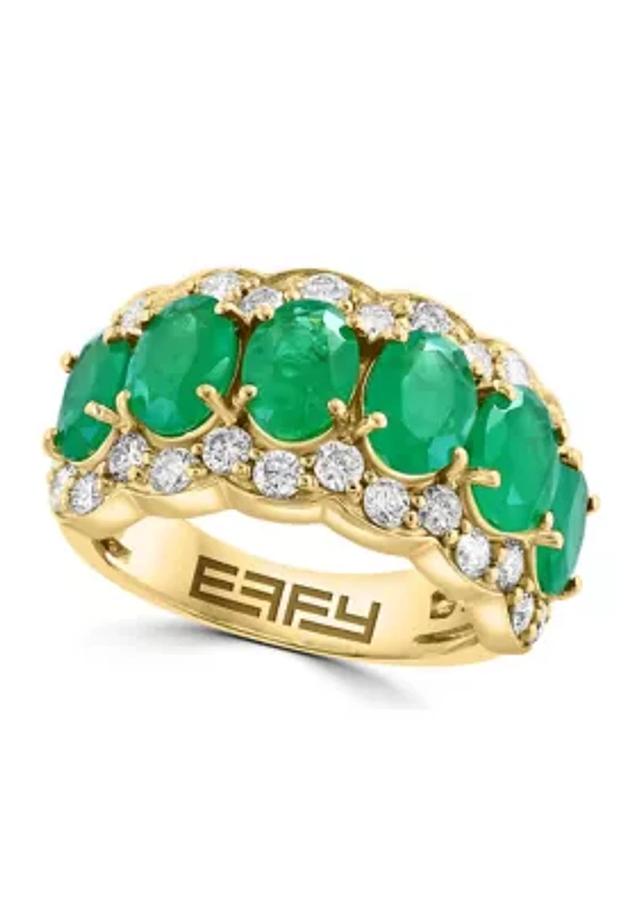 Diamond and Emerald Oval Ring in 14K Yellow Gold