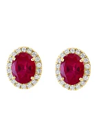 Lab Created Diamond and Ruby Oval Earrings in 14K Yellow Gold