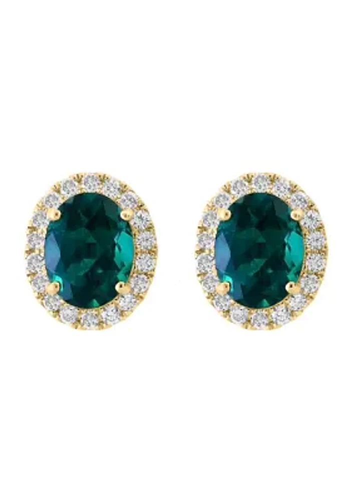 Lab Created Diamond and Emerald Earrings in 14K Yellow Gold