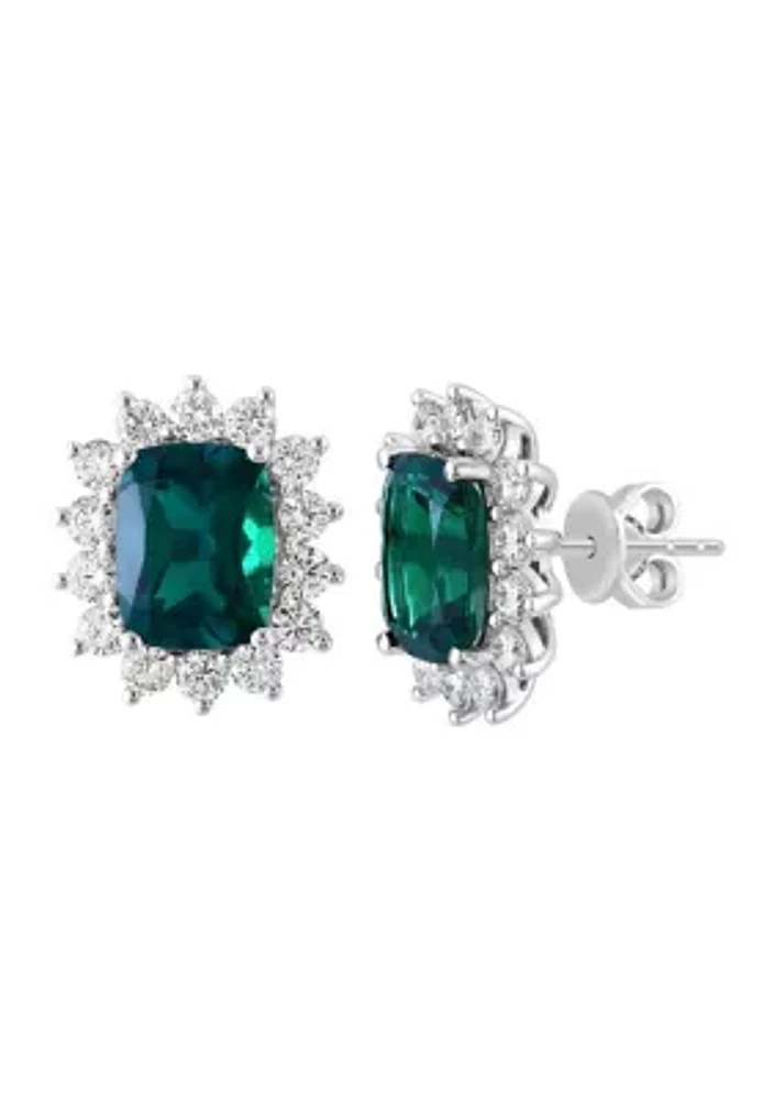 14K White Gold Lab Grown Diamond and Lab Grown Emerald Earrings 