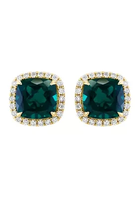 Lab Created Diamond and Emerald Square Earrings in 14K Yellow Gold