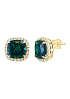 Lab Created Diamond and Emerald Square Earrings in 14K Yellow Gold