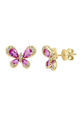 1/4 ct. t.w. Diamond and Pink Sapphire Butterfly Stud Earrings in 14K Yellow Gold