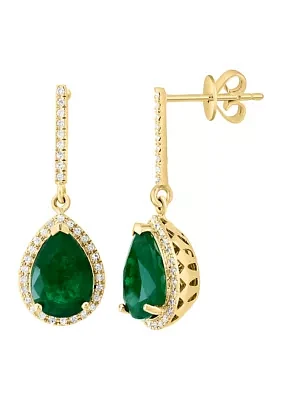 Diamond and Emerald Drop Earrings in 14K Yellow Gold