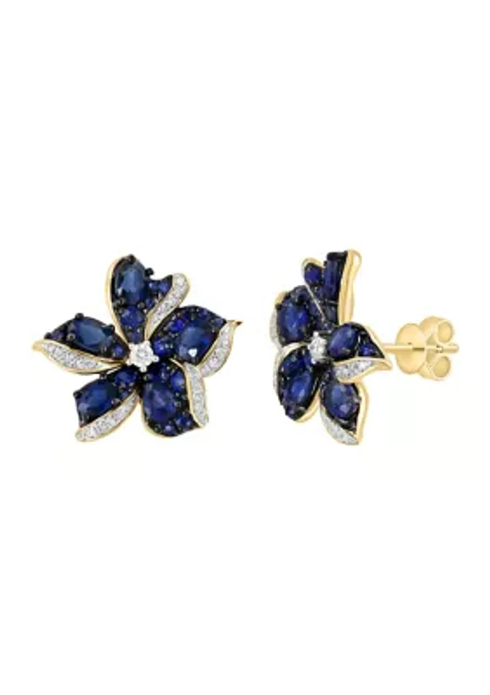 1/5 ct. t.w. Sapphire, 3.06 ct. t.w. Diamond Flower Earrings in 14K Yellow Gold