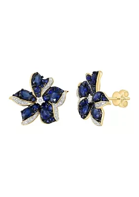 1/5 ct. t.w. Sapphire, 3.06 ct. t.w. Diamond Flower Earrings in 14K Yellow Gold