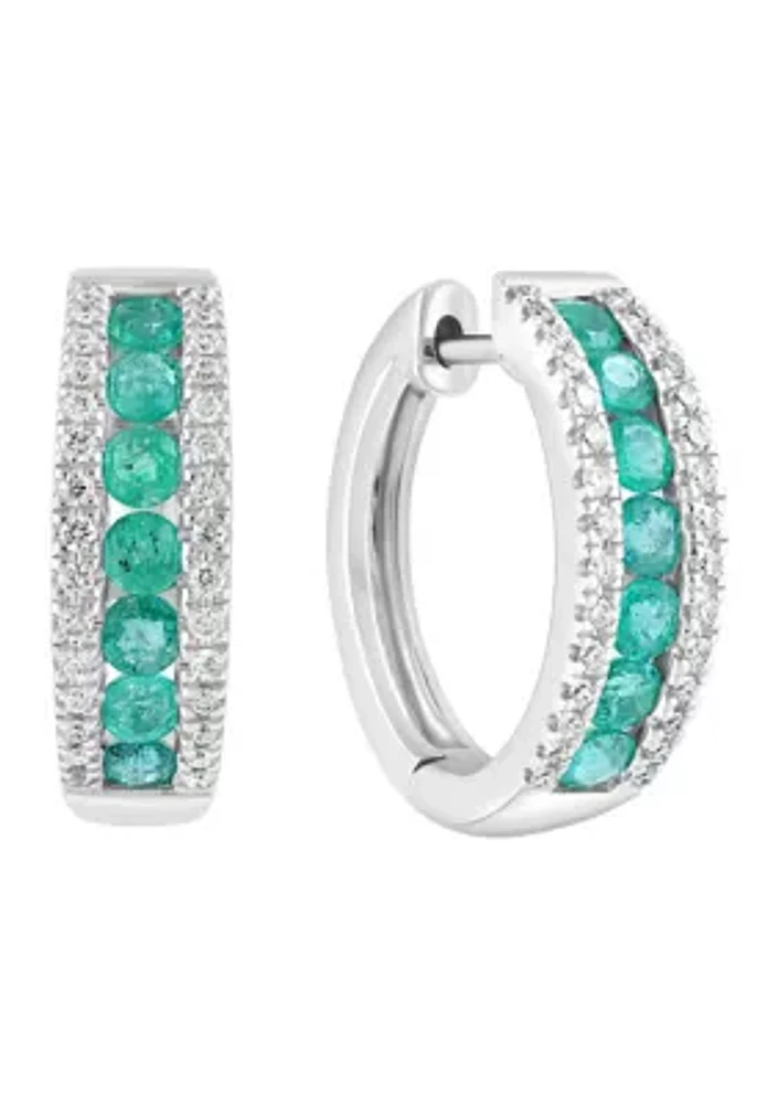 14K White Gold Diamond Emerald Earrings