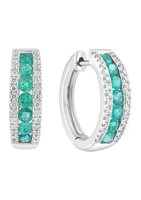 14K White Gold Diamond Emerald Earrings