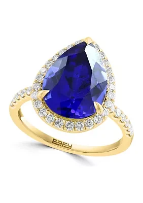 Lab Created Diamond and Sapphire Pear Ring in 14K Yellow Gold