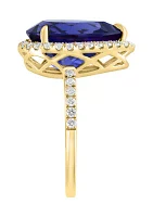 Lab Created Diamond and Sapphire Pear Ring in 14K Yellow Gold