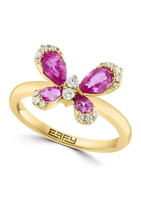 1/6 ct. t.w. Diamond and Pink Sapphire Butterfly Ring in 14K Yellow Gold