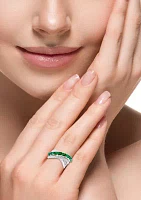 Emerald and White Sapphire Ring in Sterling Silver