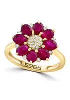 1/8 ct. t.w. Diamond and Natural Ruby Flower Ring in 14K Yellow Gold