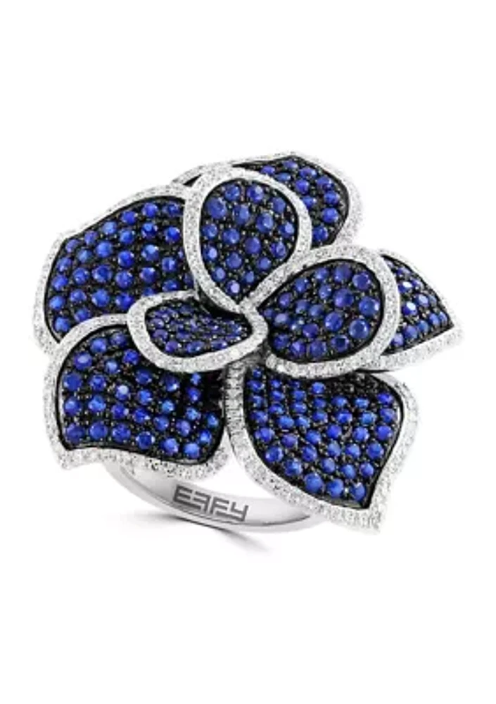 14K White Gold Diamond Sapphire Flower Ring 