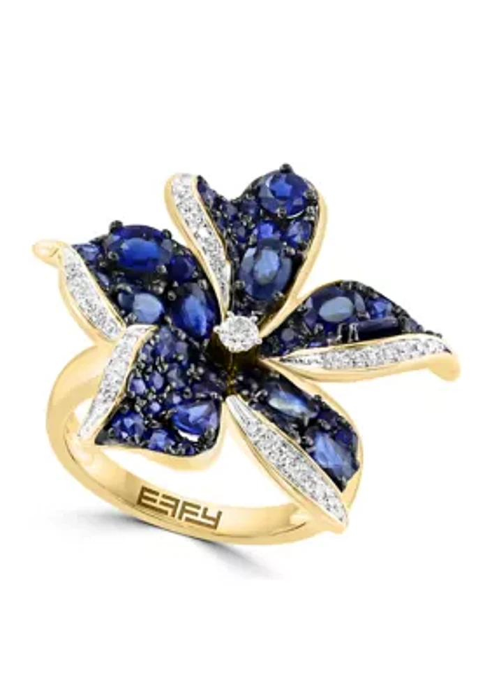  14K Yellow Gold Diamond Sapphire Flower Ring 