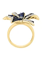  14K Yellow Gold Diamond Sapphire Flower Ring 