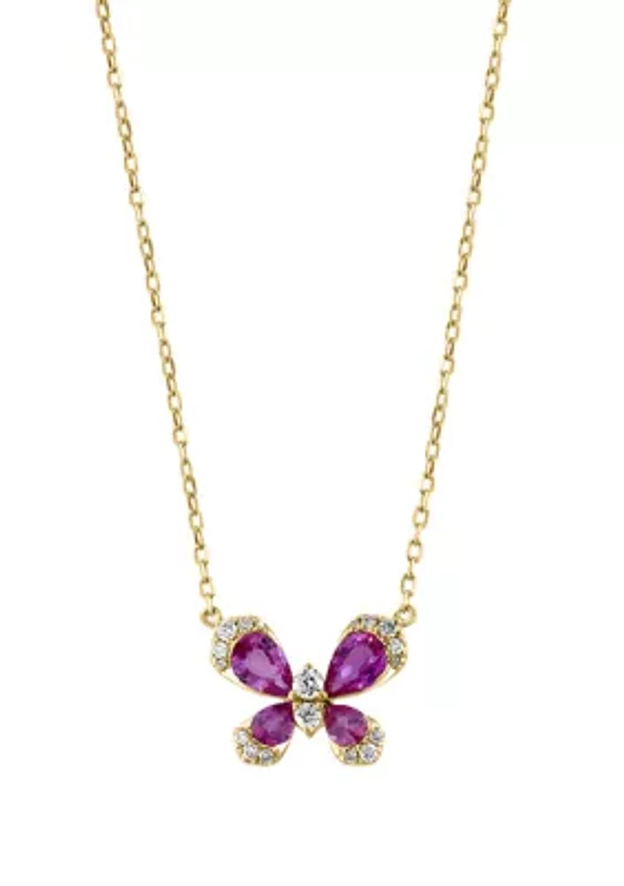 1/6 ct. t.w.  Diamond, Pink Sapphire Butterfly Necklace in 14k Yellow Gold