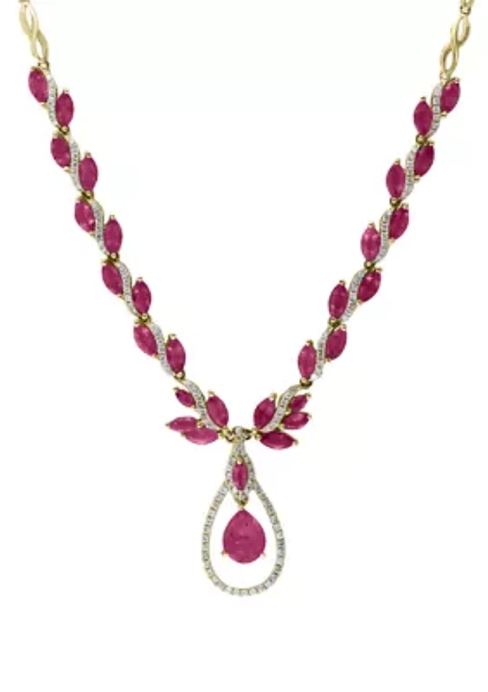 14K Yellow Gold Diamond Ruby Drop Necklace