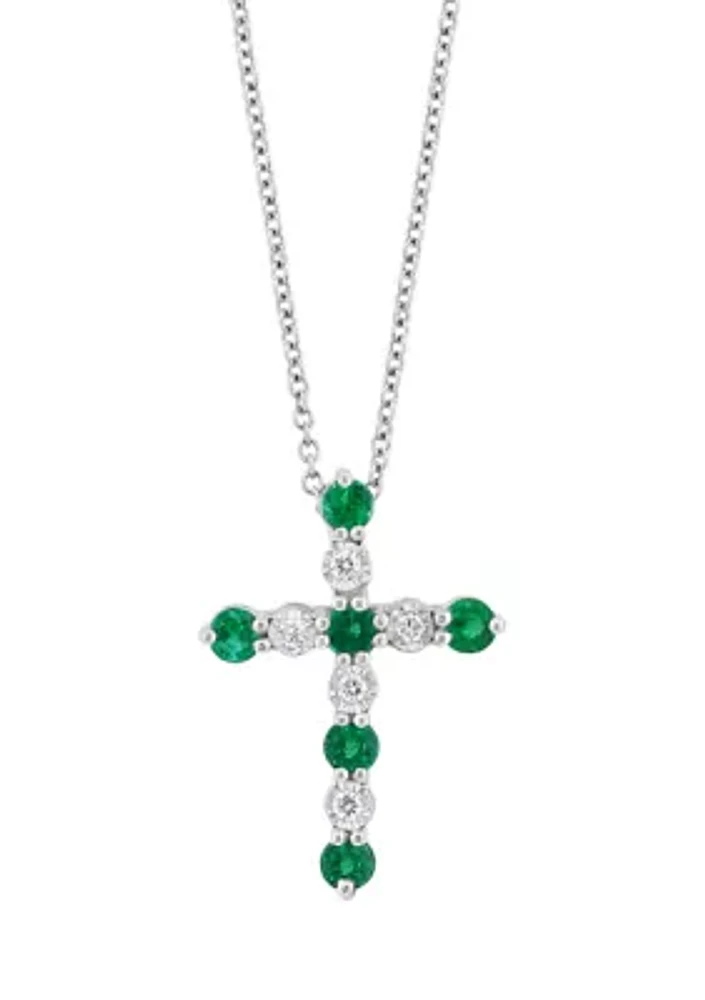 Diamond and Natural Emerald Pendant Necklace in Sterling Silver