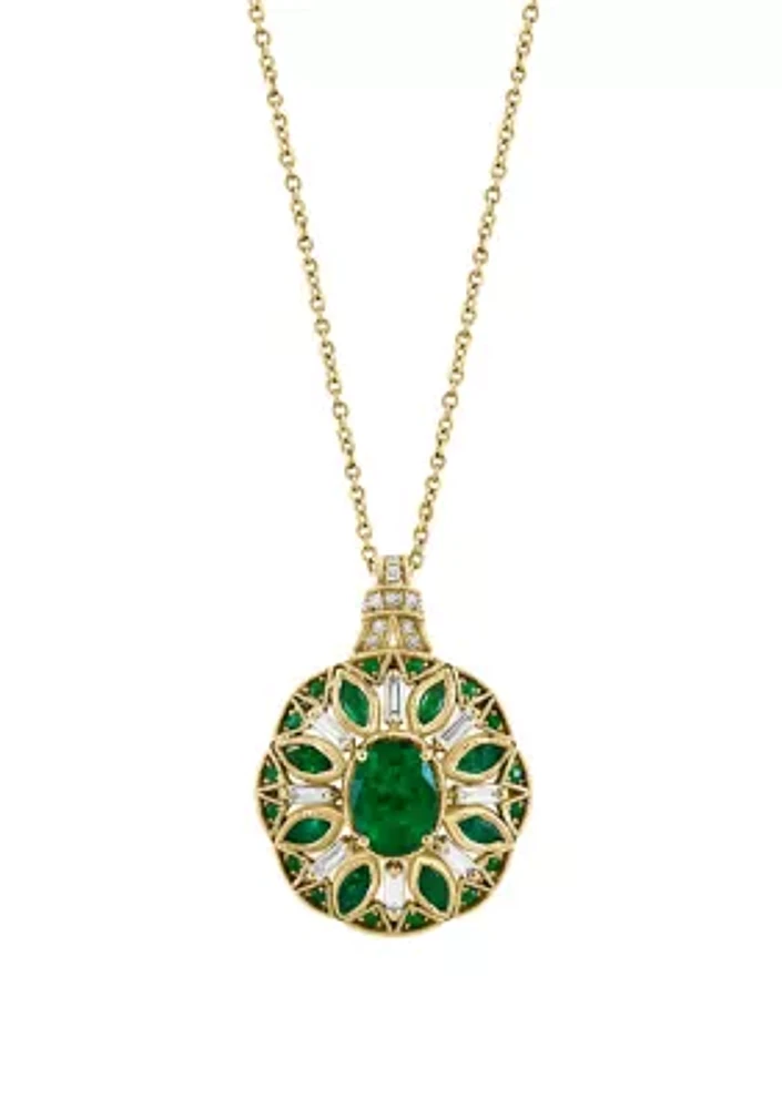 Diamond and Natural Emerald Pendant Necklace in 14K Yellow Gold